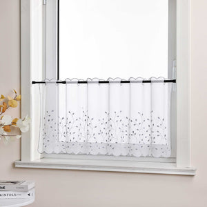 Scheibengardine mit Blumenstickerei Modern Voile Bistrogardine mit Lochleiste Unifarbige Kurzstores Landhausstil Transparent 1 Stück - Joyswahl