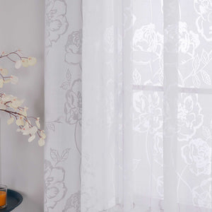 Vorhang mit Kräuselband Voile Gardine Ausbrenner mit Rosenmuster Fensterschal Transparent Weiß 1 Stück - Joyswahl