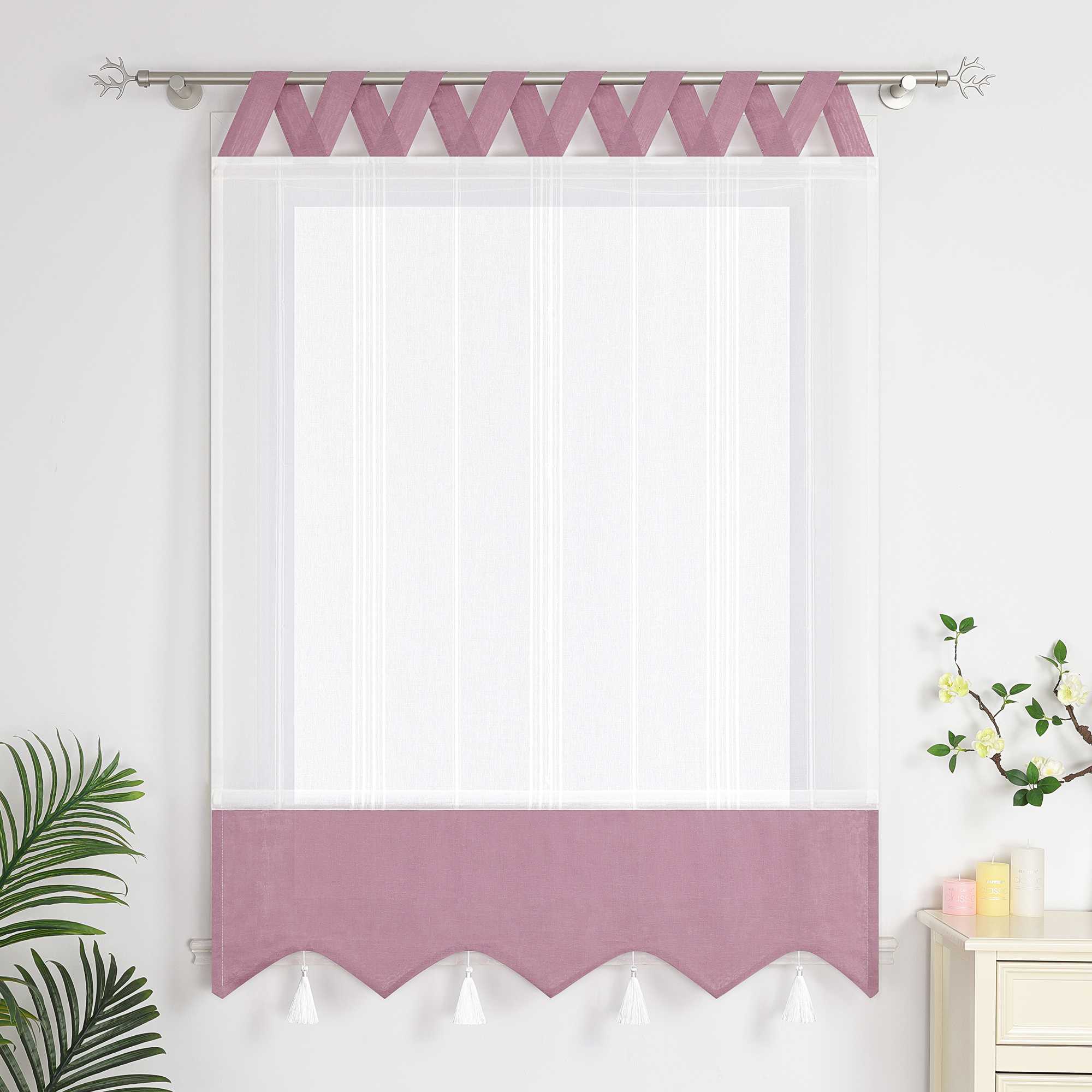 lila und weisse Raffrollo Gardine mit Quasten und Schlaufen, vollständig geschlossene Raffrollo-Gardinen zur vollständigen Abdeckung des Fensters - perfekt für eine stilvolle Fensterdekoration.